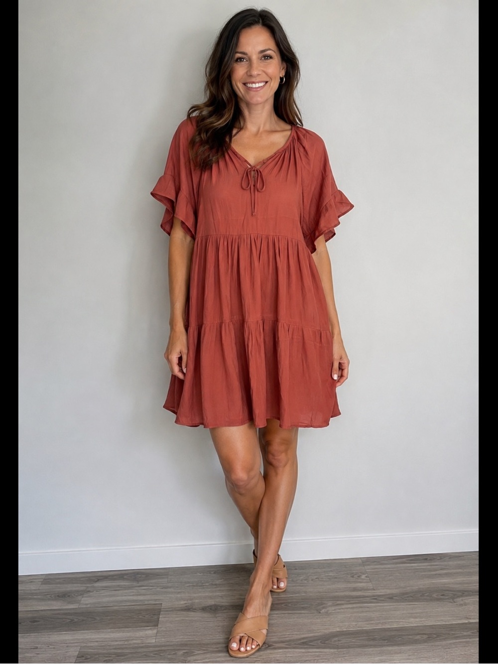 Umgee Rust Tie-Neck Tiered Mini Dress